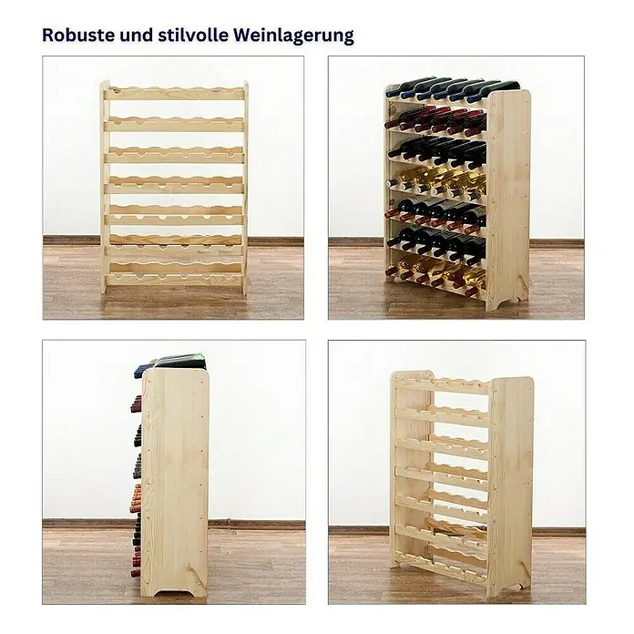 Proregal Flaschenregal Weinregal PINOTWINE C für 42 Flaschen - L x B x H: 26,5 x 63,2 x 87,2 cm, Holz - Robuste und stilvolle Weinlagerung. Das Bild zeigt ein Weinregal aus hellem Holz, leer und gefüllt mit Weinflaschen, aus verschiedenen Perspektiven.