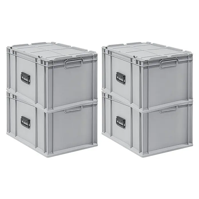 Proregal Euroboxen-Set 4x Eurobox NextGen Portable - L x B x H: 60 x 40 x 33,5 cm, Kunststoff, Grau, 4 Stk. - Zwei Stapel mit je zwei grauen Lagerboxen aus Kunststoff mit Deckel und Griffen. Ideal für Lagerung und Organisation.