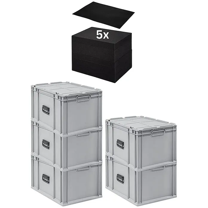 Proregal Euroboxen-Set Eurobox 5x NextGen Portable mit Rasterschaumstoff & Schaumstoffeinlage - L x B x H: 60 x 40 x 33,5 cm, Kunststoff, Grau, 5 Stk. - Stapelbare graue Kunststoffboxen mit schwarzen Schaumstoffeinlagen und Deckel für die ordentliche Aufbewahrung von Gegenständen.