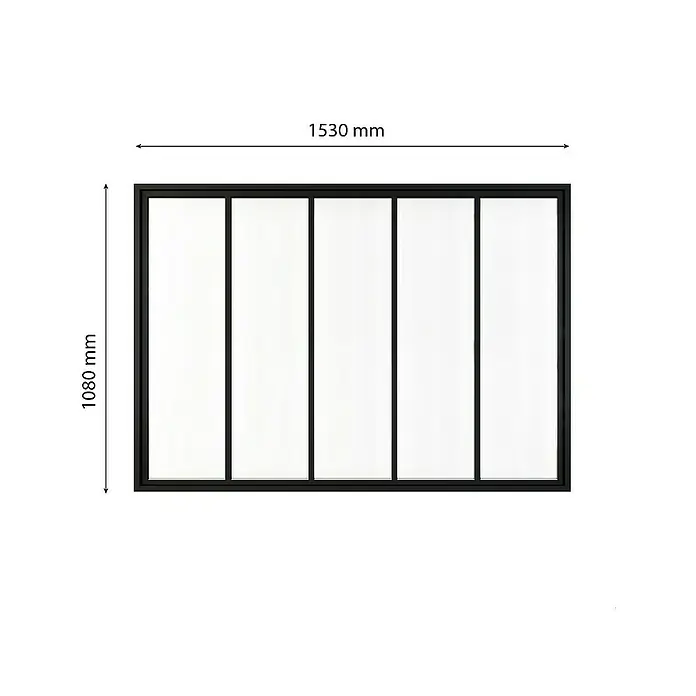 Inova Aluminiumfenster Loft Innenfenster Glas - 1.530 x 1.080 mm - Abbildung eines schwarzen Fensterrahmens mit mehreren Glasscheiben und den Maßen 1530 mm x 1080 mm.