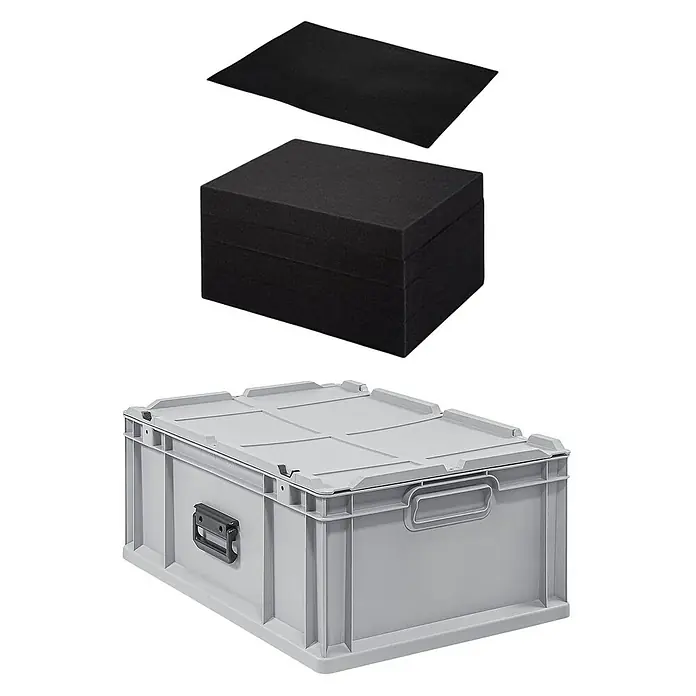 Proregal Eurobox Eurobox NextGen Portable mit Rasterschaumstoff & Schaumstoffeinlage - L x B x H: 60 x 40 x 23,5 cm, Kunststoff, Grau - Auf dem Bild ist eine graue Kunststoffbox mit Deckel und ein schwarzes Schaumstoffeinlagen-Set zu sehen.