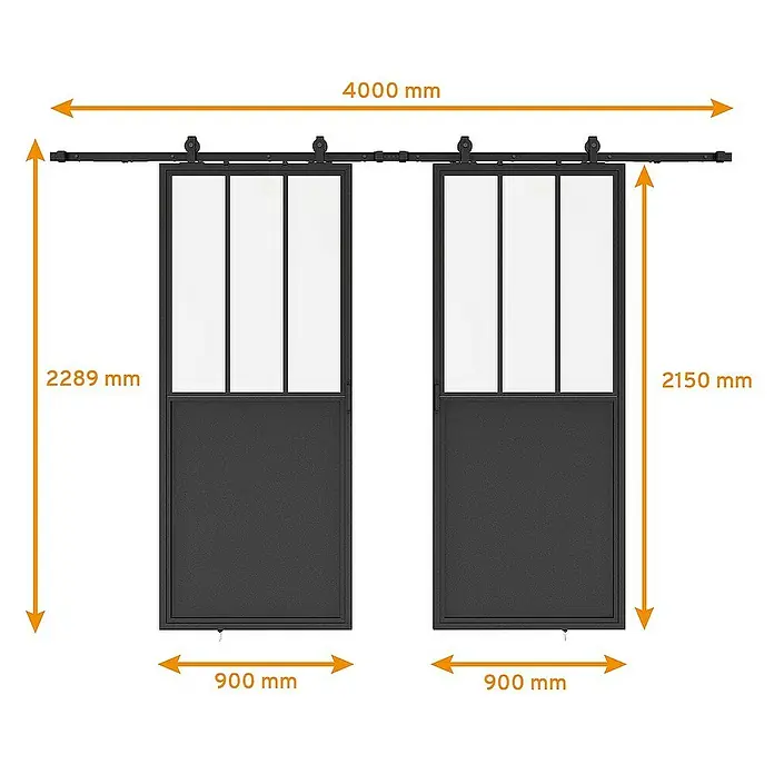 Inova Schiebetür-Komplettset Lofttür Komplettset Stahl Doppelflügelig - 1.800 x 2.150 mm - Bild mit den Maßen einer Glasschiebetür im Industriestil, die die Abmessungen hervorhebt.
