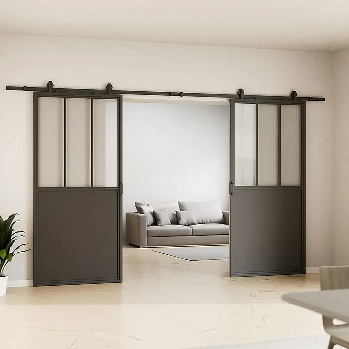 Inova Schiebetür-Komplettset Lofttür Komplettset Stahl Doppelflügelig - 1.800 x 2.150 mm - Schiebetüren aus Metall und Glas mit minimalistischem Design. Sie schaffen eine elegante Raumtrennung und lassen gleichzeitig viel Licht durch.