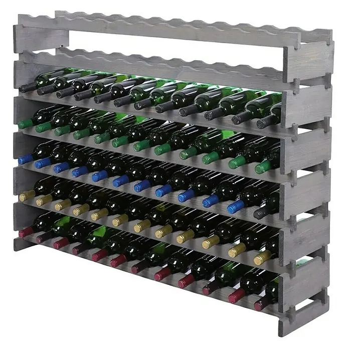 Proregal Flaschenregal Weinregal VINOTECA FLEX PRO für 84 Flaschen - L x B x H: 28 x 123 x 93 cm, Holz, Anzahl Böden: 7 Stk. - Ein graues Weinregal aus Holz mit mehreren Ebenen, gefüllt mit Weinflaschen, ideal für die stilvolle Lagerung von Weinen.
