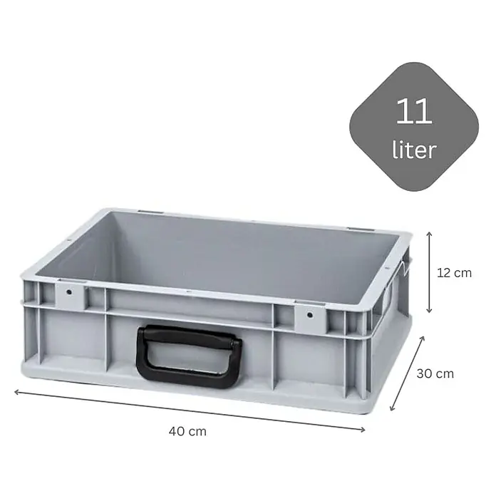 Proregal Euroboxen-Set 16x Eurobox NextGen Portable Uno - Kunststoff, Grau, 16 Stk. - Graue 11-Liter-Kunststoffbox mit schwarzem Griff und den Maßen 40 cm Länge, 30 cm Breite und 12 cm Höhe.