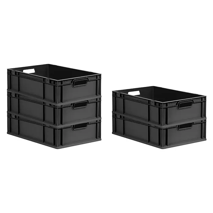 Proregal Euroboxen-Set 5x Eurobox NextGen Grip - L x B x H: 60 x 40 x 17 cm, Kunststoff, Schwarz, 5 Stk. - Graue Kunststoffkisten sind stapelbar und haben praktische Griffe für einfachen Transport und Lagerung.