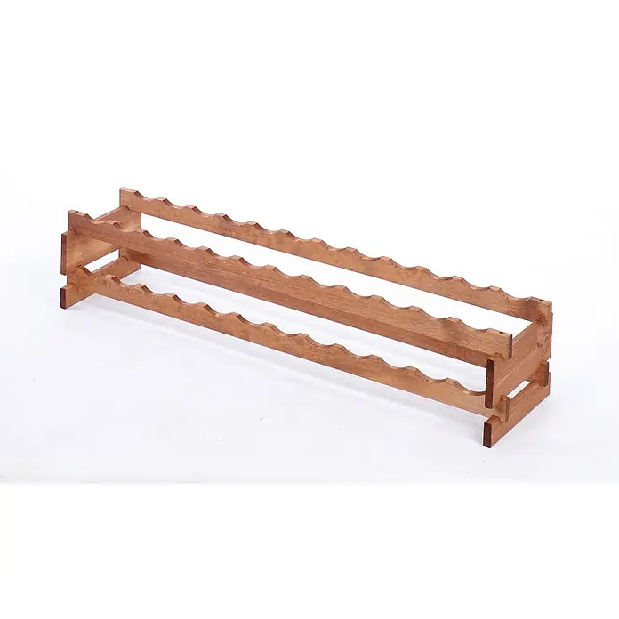 Proregal Flaschenregal Weinregal VINOTECA FLEX PRO für 24 Flaschen - L x B x H: 28 x 123 x 23 cm, Holz, Anzahl Böden: 2 Stk. - Ein hölzernes Weinregal mit drei Ebenen, das auf einem weißen Hintergrund steht und eine rustikale Optik für die stilvolle Weinlagerung bietet.