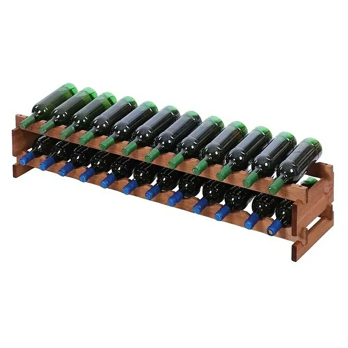 Proregal Flaschenregal Weinregal VINOTECA FLEX PRO für 24 Flaschen - L x B x H: 28 x 123 x 23 cm, Holz, Anzahl Böden: 2 Stk. - Ein hölzernes Weinregal mit zwei Ebenen, gefüllt mit grünen und blauen Weinflaschen. Ein ideales Weinregal für Weinliebhaber zur Aufbewahrung von Weinen.