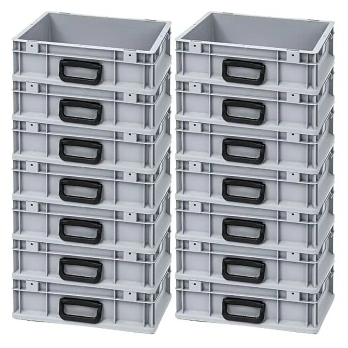 Proregal Euroboxen-Set 16x Eurobox NextGen Portable Uno - Kunststoff, Grau, 16 Stk. - Zwei Stapel grauer Kunststoffboxen mit schwarzen Griffen. Ideal für die Lagerung und Organisation von Gegenständen.