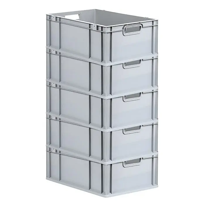 Proregal Euroboxen-Set 5x Eurobox NextGen Grip - L x B x H: 60 x 40 x 22 cm, Kunststoff, Grau, 5 Stk. - Ein Stapel von vier grauen Kunststoffboxen mit Griffen, die für Lagerung und Organisation verwendet werden können. Die Boxen sind robust und stapelbar.