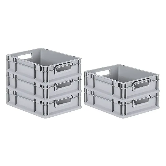 Proregal Euroboxen-Set 5x Eurobox NextGen Economy - L x B x H: 40 x 30 x 12 cm, Kunststoff, Grau, 5 Stk. - Graue Kunststoffboxen, drei gestapelt und zwei separat, für Lagerung und Organisation, ideal für Gewerbe und Privatgebrauch.