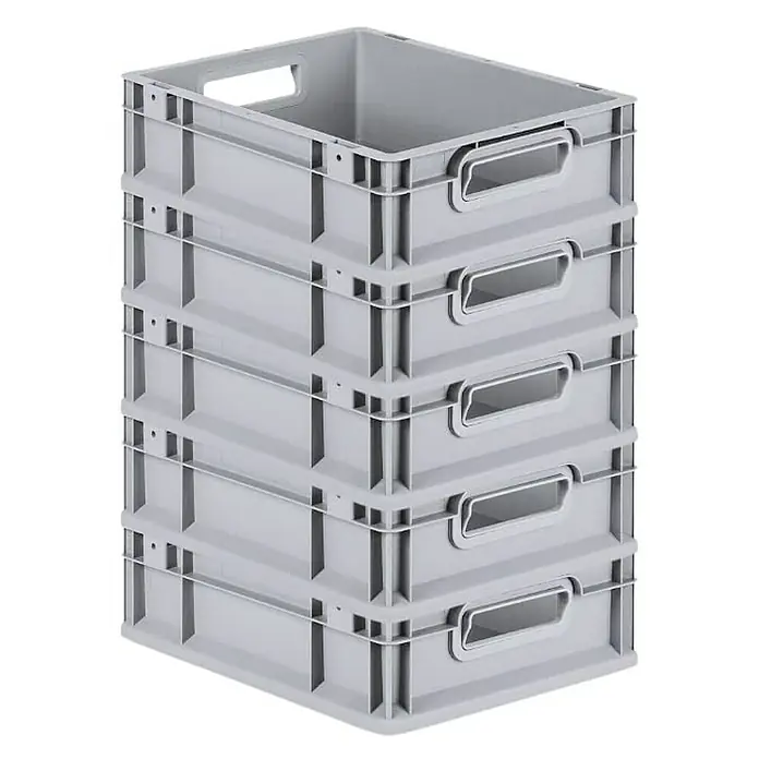Proregal Euroboxen-Set 5x Eurobox NextGen Economy - L x B x H: 40 x 30 x 12 cm, Kunststoff, Grau, 5 Stk. - Ein Stapel grauer Kunststoffbehälter mit Griffen, ideal für Lagerung und Organisation. Die Kisten sind robust und platzsparend.