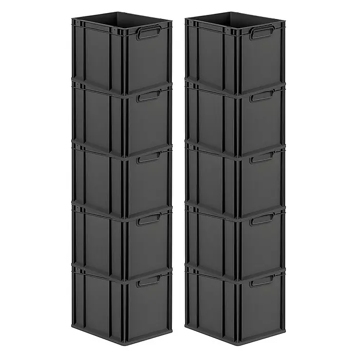 Proregal Euroboxen-Set 10x Eurobox NextGen Grip - Kunststoff, Schwarz, 10 Stk. - Zwei Stapel schwarzer Lagerkisten. Die Lagerkisten sind aus robustem Kunststoff gefertigt und mit praktischen Tragegriffen versehen.