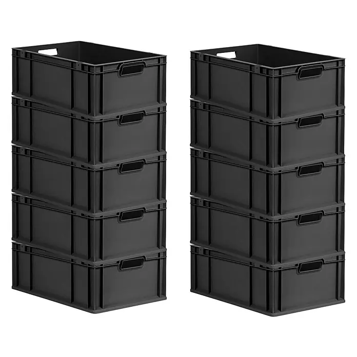 Proregal Euroboxen-Set 10x Eurobox NextGen Grip - L x B x H: 60 x 40 x 22 cm, Kunststoff, Schwarz, 10 Stk. - Zwei Stapel schwarzer Aufbewahrungsboxen aus Kunststoff mit Griffen stehen nebeneinander. Ideal für Lagerung und Organisation.