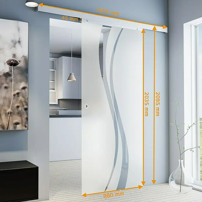 Inova Schiebetür-Komplettset Glasschiebetür ESG W teil satiniert 880 x 2035 mm - 880 x 2.035 mm - Das Bild zeigt eine Glasschiebetür mit den Maßen 880 mm x 2035 mm, montiert an einer 1810 mm langen Schiene mit einem Abstand von 45 mm zur Wand.