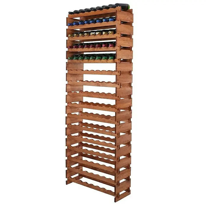 Proregal Flaschenregal Weinregal VINOTECA FLEX PRO für 128 Flaschen - L x B x H: 28 x 84 x 219 cm, Holz, Anzahl Böden: 16 Stk. - Hohes Weinregal aus Holz mit mehreren Ebenen. Das Regal ist mit mehreren Flaschen gefüllt und bietet zusätzlichen Stauraum.
