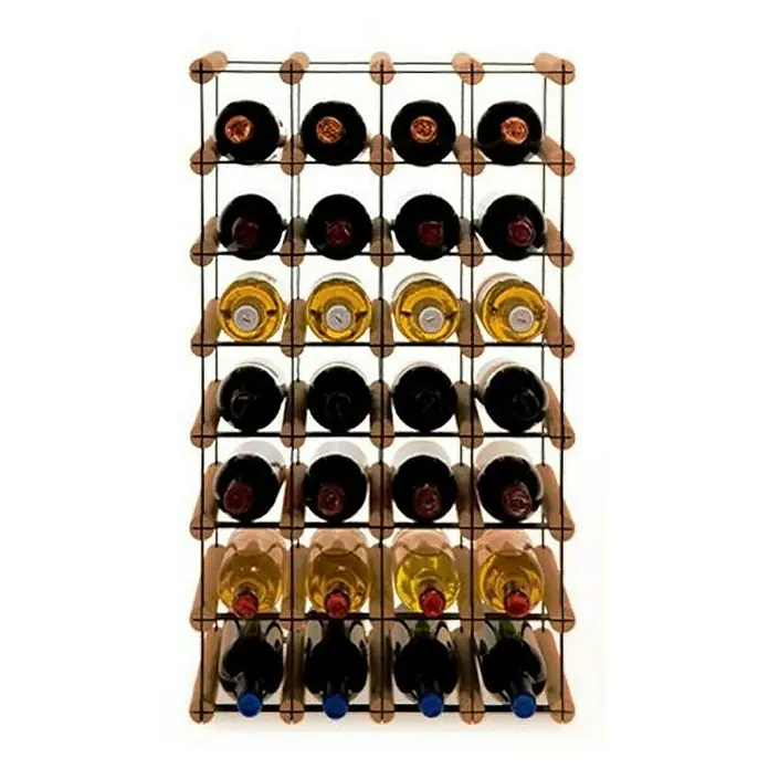 Proregal Flaschenregal Modulares Weinregal VINOTECA MOD METAL für 4x7 Flaschen - Holz - Weinflaschen lagern in einem rustikalen Weinregal aus Holz und Metall, das mit verschiedenen Weinsorten gefüllt ist.