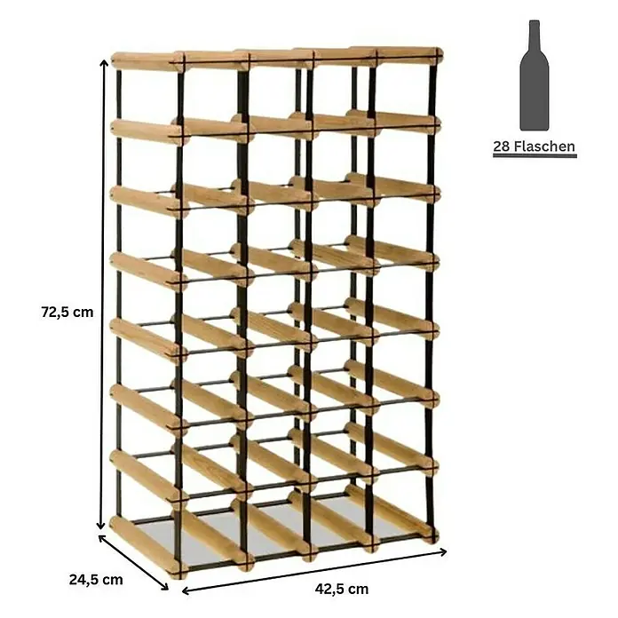 Proregal Flaschenregal Modulares Weinregal VINOTECA MOD METAL für 4x7 Flaschen - Holz - Weinregal aus Holz und Metall, bietet Platz für 28 Flaschen. Das Regal ist 72,5 cm hoch, 42,5 cm breit und 24,5 cm tief.