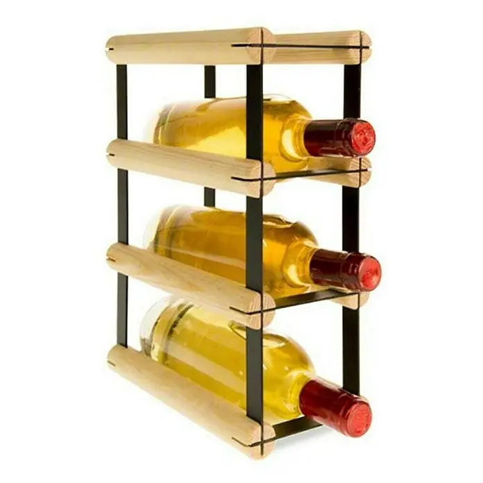 Proregal Flaschenregal Modulares Weinregal VINOTECA MOD METAL für 1x3 Flaschen - L x B x H: 24,5 x 12,5 x 32,5 cm, Holz - Abgebildetes Weinregal aus hellem Holz und schwarzem Metall mit drei Flaschen Weißwein, die horizontal gelagert werden.