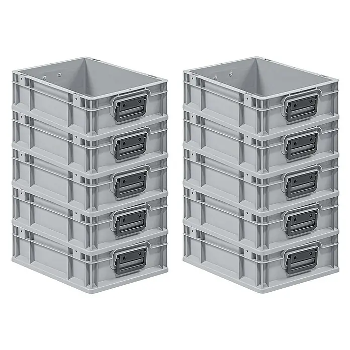 Proregal Euroboxen-Set 10x Eurobox NextGen Portable Duo - L x B x H: 40 x 30 x 12 cm, Kunststoff, Grau, 10 Stk. - Zwei Stapel grauer Kunststoffboxen mit schwarzen Griffen, ideal für Lagerung und Organisation.