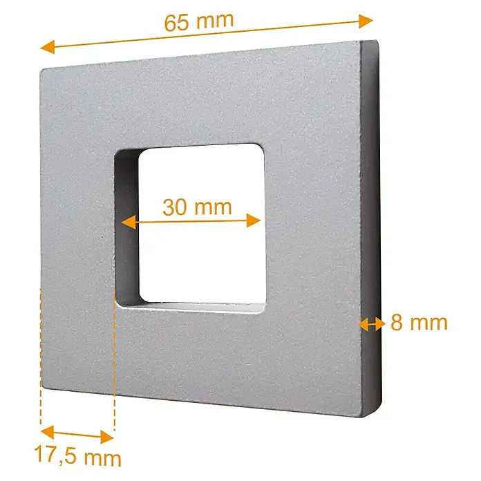 Inova Schiebetür-Komplettset Glas Komplettset kreisförmig mit Quadratgriff + Softclose -  - Produktansicht: Quadratische Abdeckung mit Loch, Maße 65x65 mm, Loch 30x30 mm, Tiefe 8 mm, Abstand 17,5 mm.