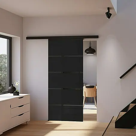 Inova  Schiebetür-Komplettset Glas Komplettset Blockstreifen Grauglas schwarz mit Stabgriff