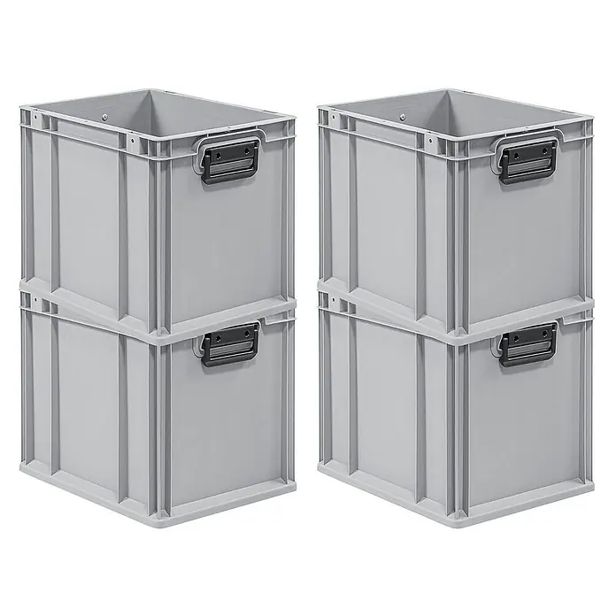 Proregal Euroboxen-Set 4x Eurobox NextGen Portable Duo - L x B x H: 40 x 30 x 32 cm, Kunststoff, Grau, 4 Stk. - Zwei Stapel von zwei grauen Kunststoffboxen mit schwarzen Griffen. Ideal zur Aufbewahrung und Organisation von Gegenständen.