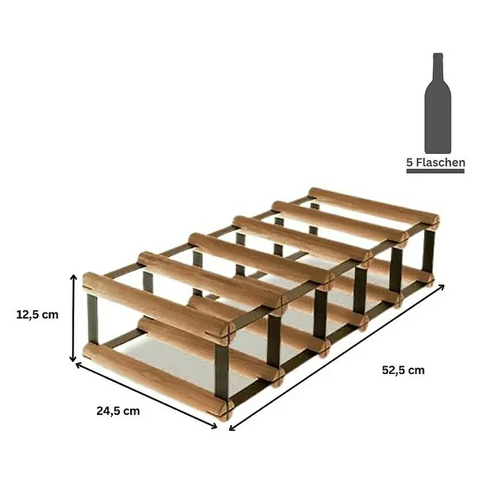 Proregal Flaschenregal Modulares Weinregal VINOTECA MOD METAL für 5x1 Flaschen - L x B x H: 24,5 x 52,5 x 12,5 cm, Holz - Weinregal für 5 Flaschen mit den Maßen 52,5 x 24,5 x 12,5 cm zur stilvollen Aufbewahrung von Weinen und anderen Getränken.
