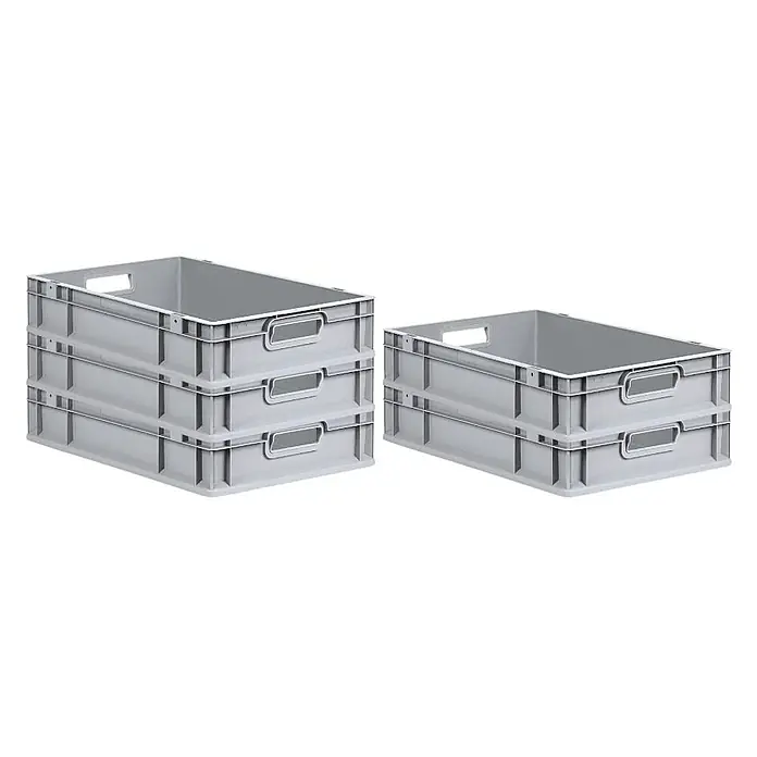 Proregal Euroboxen-Set 5x Eurobox NextGen Grip - L x B x H: 60 x 40 x 12 cm, Kunststoff, Grau, 5 Stk. - Gestapelte graue Kunststoffbehälter mit Griffen, ideal für Lagerung und Transport, präsentieren eine praktische Lösung.