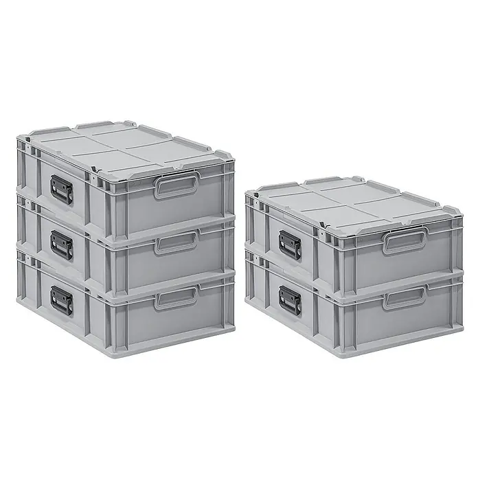 Proregal Euroboxen-Set 5x Eurobox NextGen Portable - L x B x H: 60 x 40 x 18,5 cm, Kunststoff, Grau, 5 Stk. - Zwei Stapel grauer Kunststoffboxen mit Deckel, ideal für Lagerung und Organisation in Werkstatt oder Haushalt.