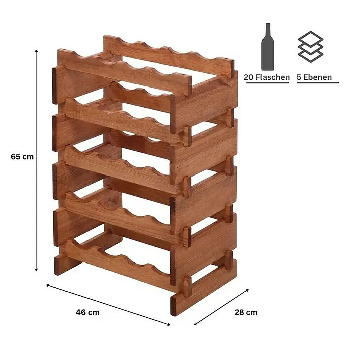 Proregal Flaschenregal Weinregal VINOTECA FLEX PRO für 20 Flaschen - L x B x H: 28 x 46 x 65 cm, Holz, Anzahl Böden: 5 Stk. - Weinregal aus Holz mit 5 Ebenen für bis zu 20 Flaschen Wein. Praktische und stilvolle Aufbewahrung für Weinsammler.