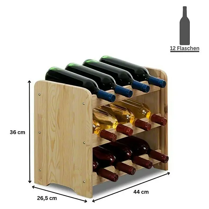 Proregal Flaschenregal Weinregal PINOTWINE C für 12 Flaschen - L x B x H: 26,5 x 44 x 36 cm, Holz - Weinregal aus Holz für 12 Flaschen mit den Maßen 36 cm Höhe, 44 cm Breite und 26,5 cm Tiefe zur stilvollen Aufbewahrung von Weinen.