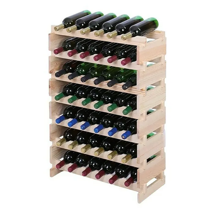 Proregal Flaschenregal Weinregal VINOTECA FLEX PRO für 42 Flaschen - L x B x H: 28 x 65 x 93 cm, Holz, Anzahl Böden: 7 Stk. - Ein freistehendes Weinregal aus Holz, gefüllt mit verschiedenen Weinflaschen, bietet eine stilvolle und praktische Aufbewahrungslösung.