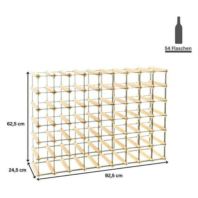 Proregal Flaschenregal Modulares Weinregal VINOTECA MOD METAL für 9x6 Flaschen - Holz - Weinregal aus Holz und Metall, bietet Platz für 54 Flaschen, Abmessungen: 62,5 cm hoch, 92,5 cm breit und 24,5 cm tief.