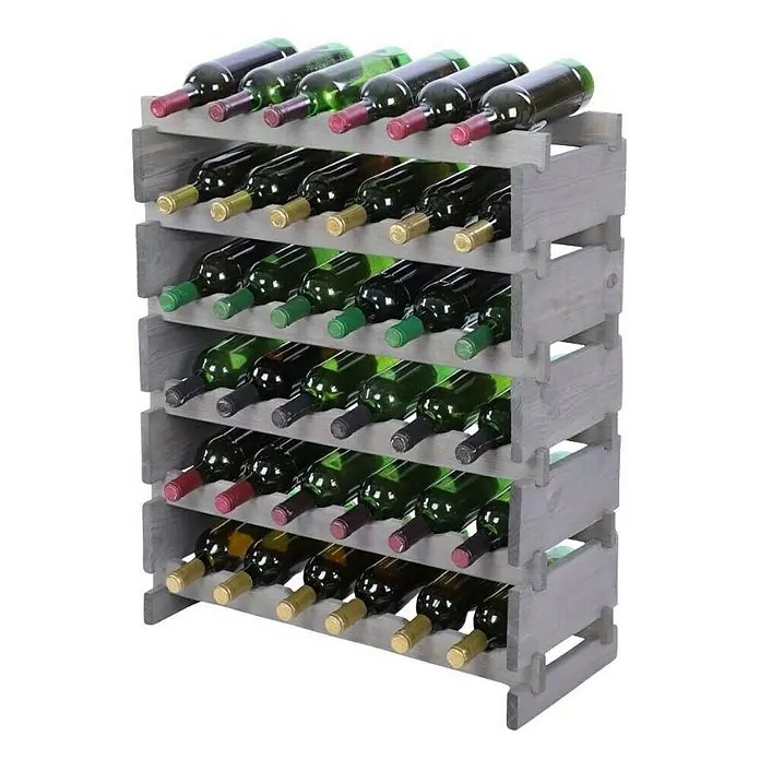 Proregal Flaschenregal Weinregal VINOTECA FLEX PRO für 36 Flaschen - L x B x H: 28 x 65 x 79 cm, Holz, Anzahl Böden: 6 Stk. - Ein graues Weinregal aus Holz präsentiert eine Sammlung gefüllter Weinflaschen verschiedener Sorten, die liegend gelagert werden.