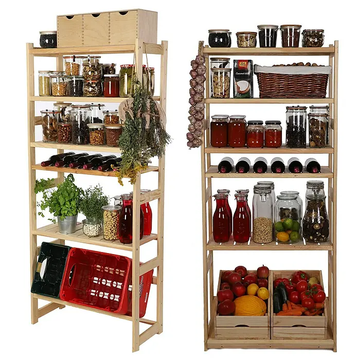 Proregal Flaschenregal & Weinregal SPREEWALD für 6 Flaschen - L x B x H: 33 x 70 x 163 cm, Holz - Lagerregale aus Holz, gefüllt mit Gläsern, Flaschen und Kisten, bieten viel Stauraum. Ideal für Küche oder Vorratsraum, naturfarben und robust.