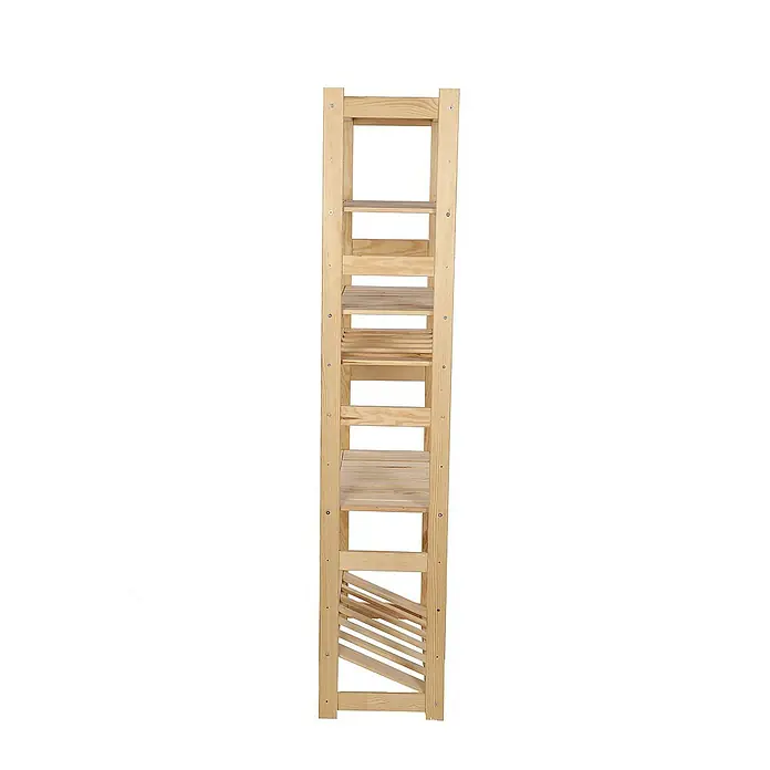 Proregal Flaschenregal & Weinregal SPREEWALD für 6 Flaschen - L x B x H: 33 x 70 x 163 cm, Holz - Aufnahme eines hohen, hölzernen Regals mit mehreren Ablageflächen und einer Weinflaschenaufbewahrung im unteren Bereich.