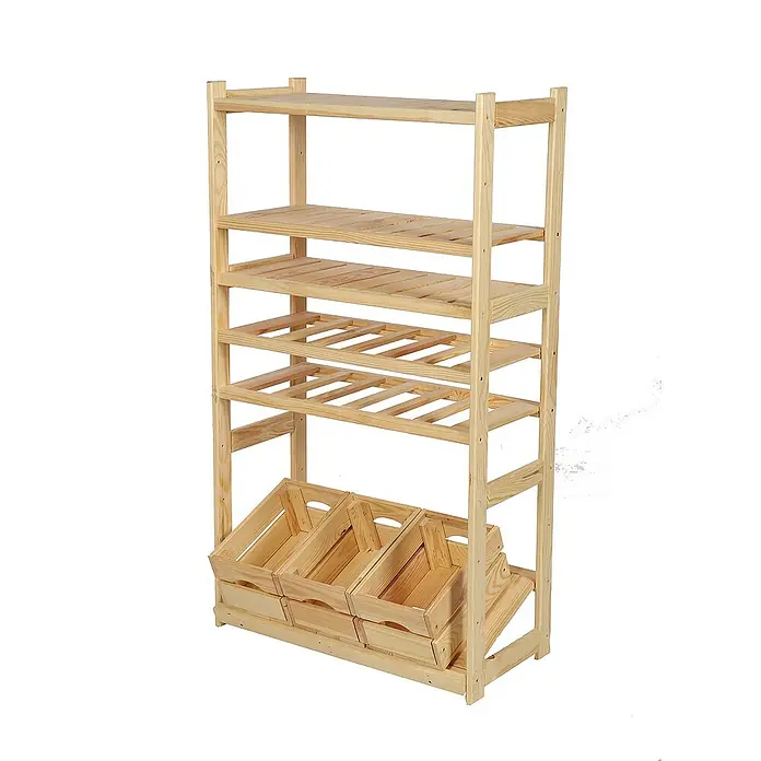 Proregal Flaschenregal & Weinregal SPREEWALD für 12 Flaschen - L x B x H: 33 x 70 x 124 cm, Holz - Holzregal mit mehreren Regalböden und Körben zur Aufbewahrung von Obst und Gemüse. Praktisch und stilvoll.