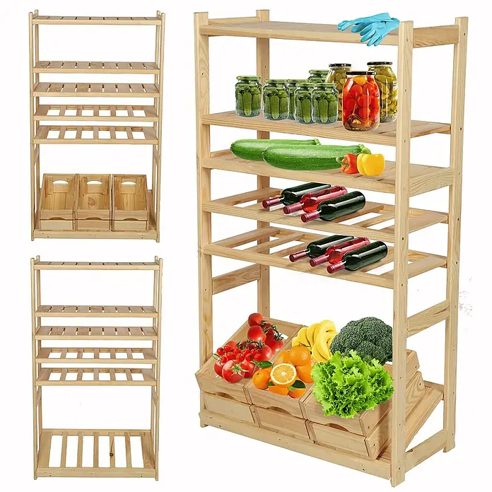 Proregal Flaschenregal & Weinregal SPREEWALD für 12 Flaschen - L x B x H: 33 x 70 x 124 cm, Holz - Holzregal mit Lebensmitteln, perfekt für Küche oder Vorratsraum. Das Regal bietet viel Stauraum für Obst, Gemüse und Konserven.