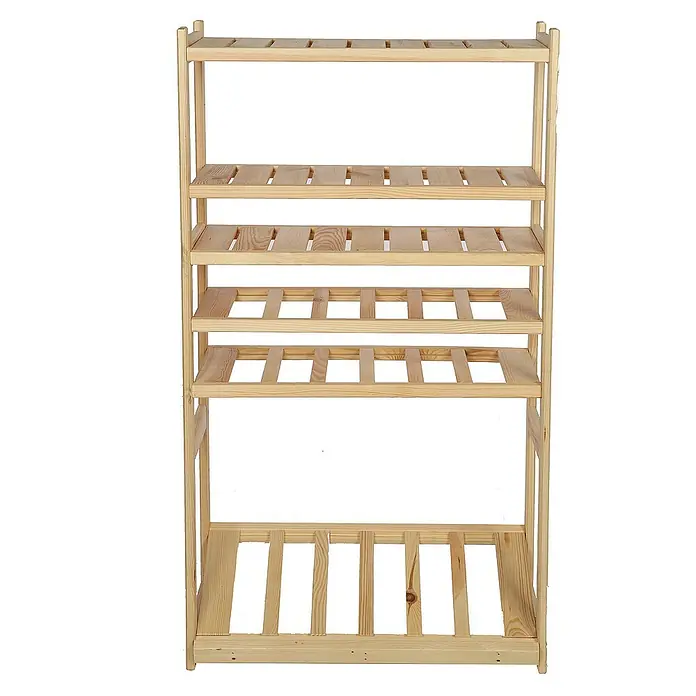 Proregal Flaschenregal & Weinregal SPREEWALD für 12 Flaschen - L x B x H: 33 x 70 x 124 cm, Holz - Das Foto zeigt ein hölzernes Regal mit fünf Regalböden, ideal für die Aufbewahrung. Die helle Holzfarbe und das schlichte Design passen zu vielen Einrichtungsstilen.