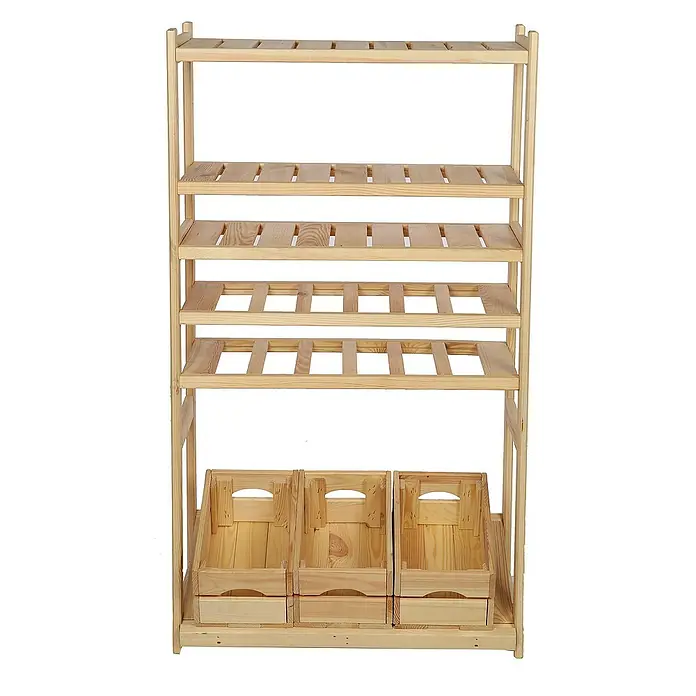 Proregal Flaschenregal & Weinregal SPREEWALD für 12 Flaschen - L x B x H: 33 x 70 x 124 cm, Holz - Offenes Holzregal mit mehreren Regalböden und drei Holzschubladen. Ideal für die Aufbewahrung und Präsentation von Waren.