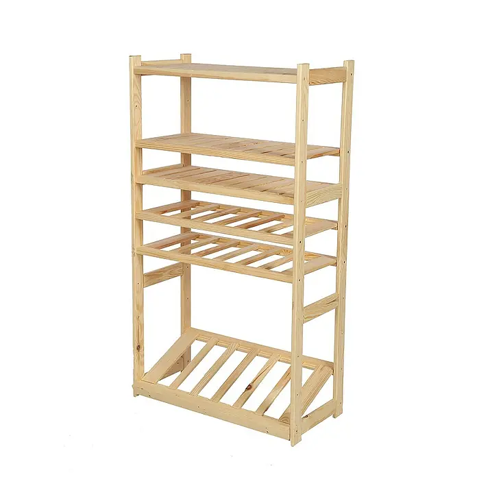 Proregal Flaschenregal & Weinregal SPREEWALD für 12 Flaschen - L x B x H: 33 x 70 x 124 cm, Holz - Dieses Bild zeigt ein unbehandeltes Kiefernholzregal mit vier Regalen und einem Weinregal. Das Regal ist ideal für die Aufbewahrung von Wein und anderen Gegenständen.