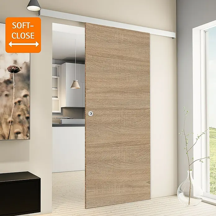 Inova Schiebetür-Komplettset Holz Komplettset Wildeiche mit Griffmuschel + Softclose - 755 x 2.035 mm - Schiebetür aus Holz mit Soft-Close-Funktion für ein sanftes und geräuschloses Schließen. Modernes Design für stilvolle Innenräume.