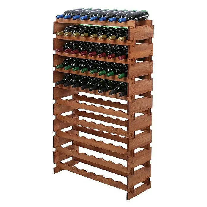 Proregal Flaschenregal Weinregal VINOTECA FLEX PRO für 80 Flaschen - L x B x H: 28 x 84 x 135 cm, Holz, Anzahl Böden: 10 Stk. - Eine Aufnahme eines hölzernen Weinregals, das mit vollen Weinflaschen bestückt ist. Es ist eine großartige Ergänzung für Weinliebhaber.