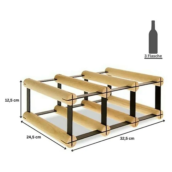 Proregal Flaschenregal Modulares Weinregal VINOTECA MOD METAL für 3x1 Flaschen - Holz - Produktbild: Weinregal aus Holz und Metall für 3 Flaschen, mit Maßangaben für Höhe, Breite und Tiefe.