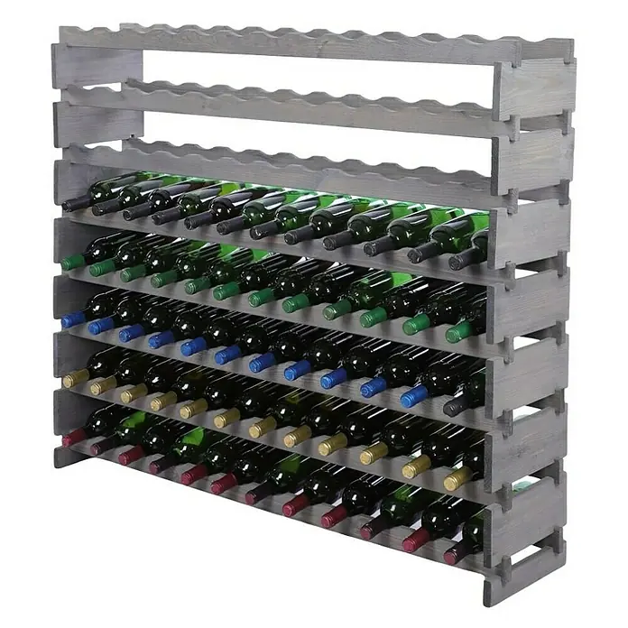 Proregal Flaschenregal Weinregal VINOTECA FLEX PRO für 96 Flaschen - L x B x H: 28 x 123 x 107 cm, Holz, Anzahl Böden: 8 Stk. - Graues Holzregal gefüllt mit vielen Weinflaschen in verschiedenen Farben, ideal zur stilvollen Aufbewahrung und Präsentation von Weinen.