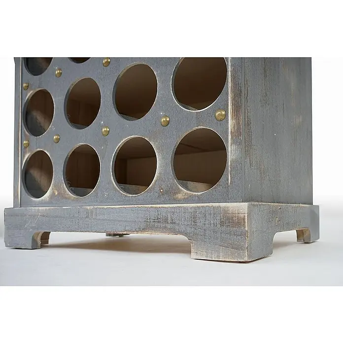 Berlinlodge Flaschenregal Weinregal mit Schublade und Truhe - L x B x H: 31 x 48 x 94 cm, Holz - Nahaufnahme eines grauen Weinregals aus Holz mit runden Aussparungen und goldenen Akzenten. Das Regal steht auf einem weißen Untergrund.