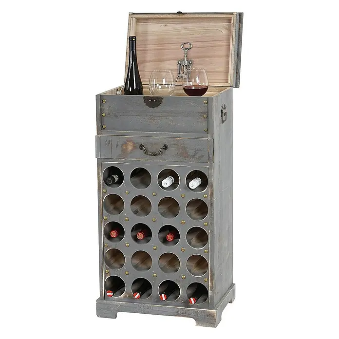 Berlinlodge Flaschenregal Weinregal mit Schublade und Truhe - L x B x H: 31 x 48 x 94 cm, Holz - Weinregal im Vintage-Stil mit Flaschen, Gläsern und Korkenzieher für stilvolle Weinlagerung und -präsentation.