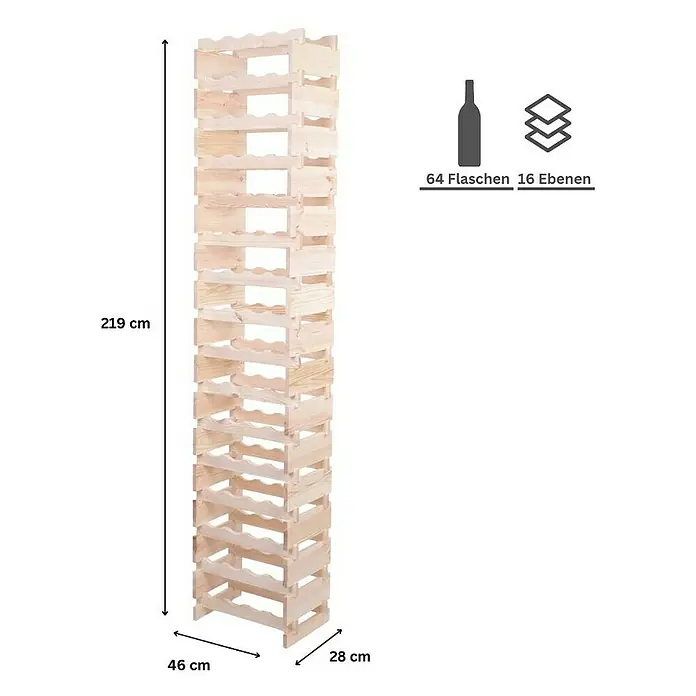 Proregal Flaschenregal Weinregal VINOTECA FLEX PRO für 64 Flaschen - L x B x H: 28 x 46 x 219 cm, Holz, Anzahl Böden: 16 Stk. - Produktbild: Ein hohes, schlankes Weinregal aus Holz mit 16 Ebenen, das Platz für bis zu 64 Flaschen bietet. Perfekt für Weinliebhaber!