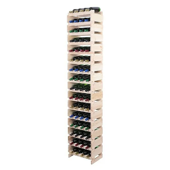 Proregal Flaschenregal Weinregal VINOTECA FLEX PRO für 64 Flaschen - L x B x H: 28 x 46 x 219 cm, Holz, Anzahl Böden: 16 Stk. - Weinregal aus hellem Holz mit mehreren Reihen, gefüllt mit Weinflaschen, die horizontal gelagert werden, um die Korken feucht zu halten.